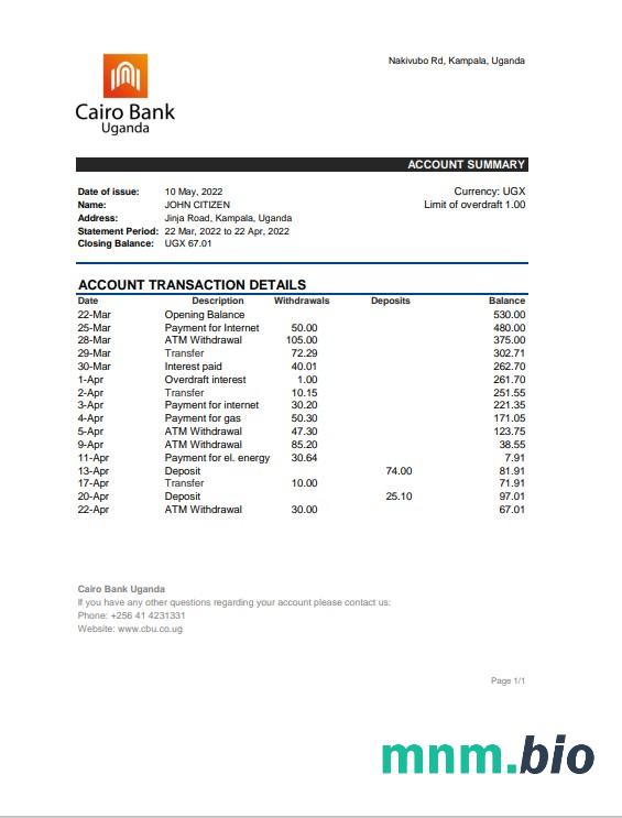 Uganda Bank Of Uganda wyciąg bankowy online szablon Worda i PDF